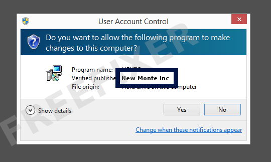 Screenshot where New Monte Inc appears as the verified publisher in the UAC dialog